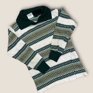 Vintage 1970s Abels Kids Knit Sweater Green Fair Isle Stripe Size 10